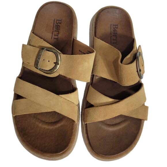 Born Caite Sandals Yellow Tan Leather Flats Wide Buckle Straps Slides Slip On 8 - Picture 1 of 16